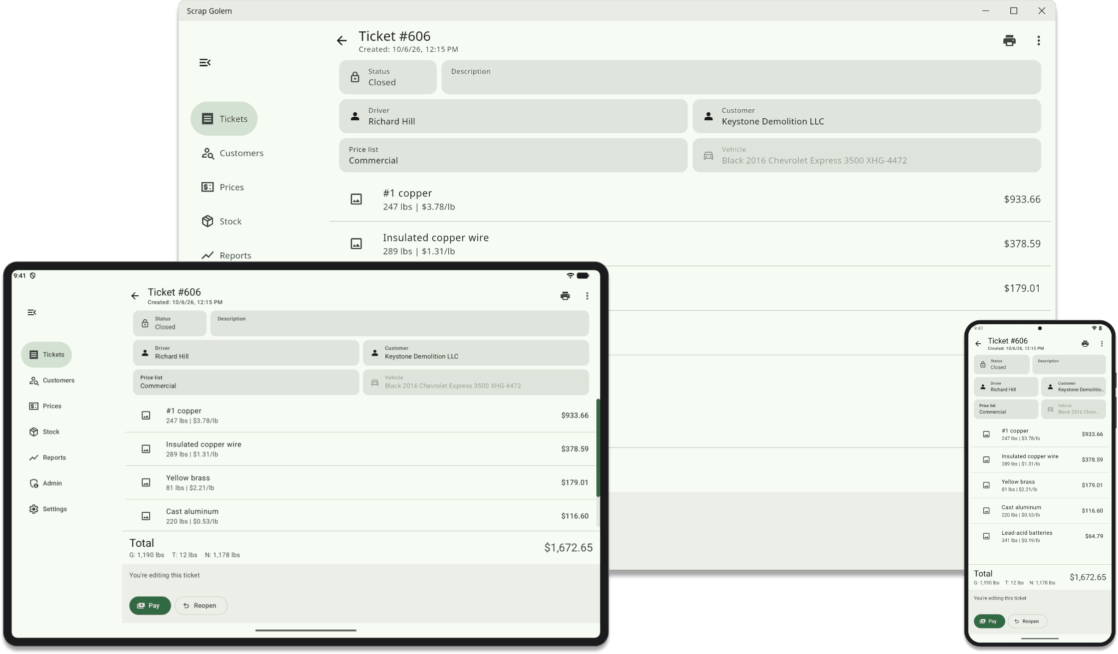 The same Scrap Golem ticket on a desktop computer, an Android tablet and an Android phone, each showing the driver, customer, line items and total