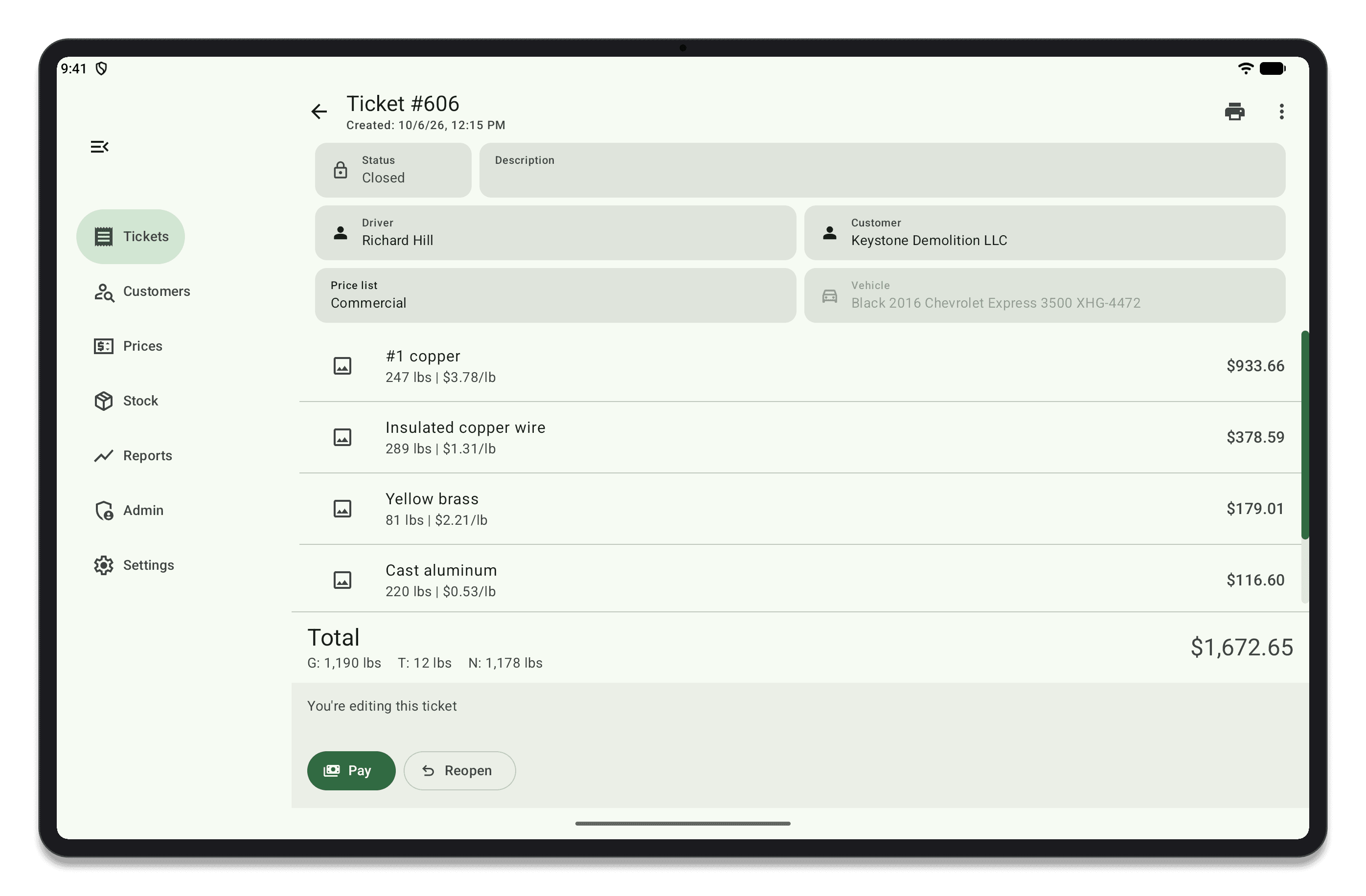 A ticket on an Android tablet: the driver, customer and vehicle, line items priced by weight, and the total, with a Pay button
