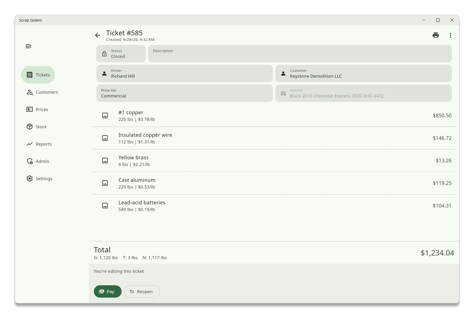 A scrap ticket in the Scrap Golem desktop app: copper, brass, aluminum and batteries by weight and price, totaling $1,234.04